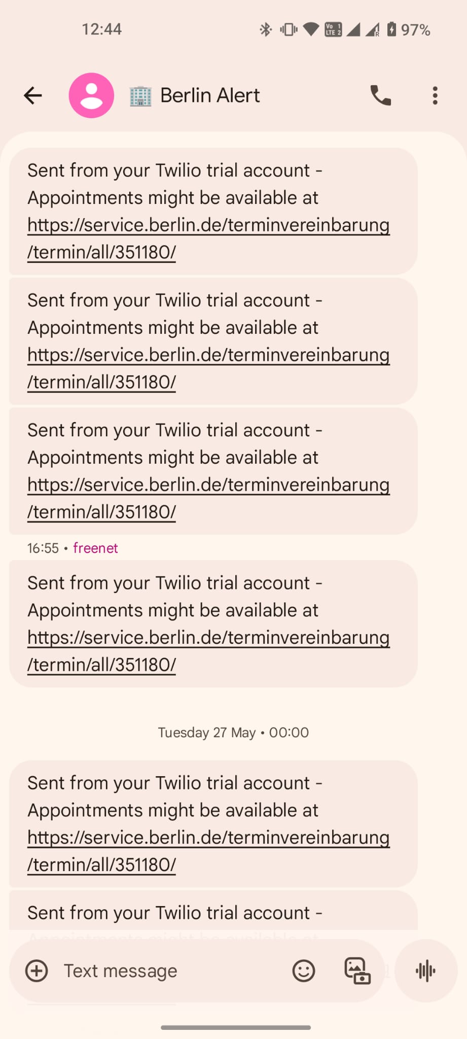 SMS alert screenshot